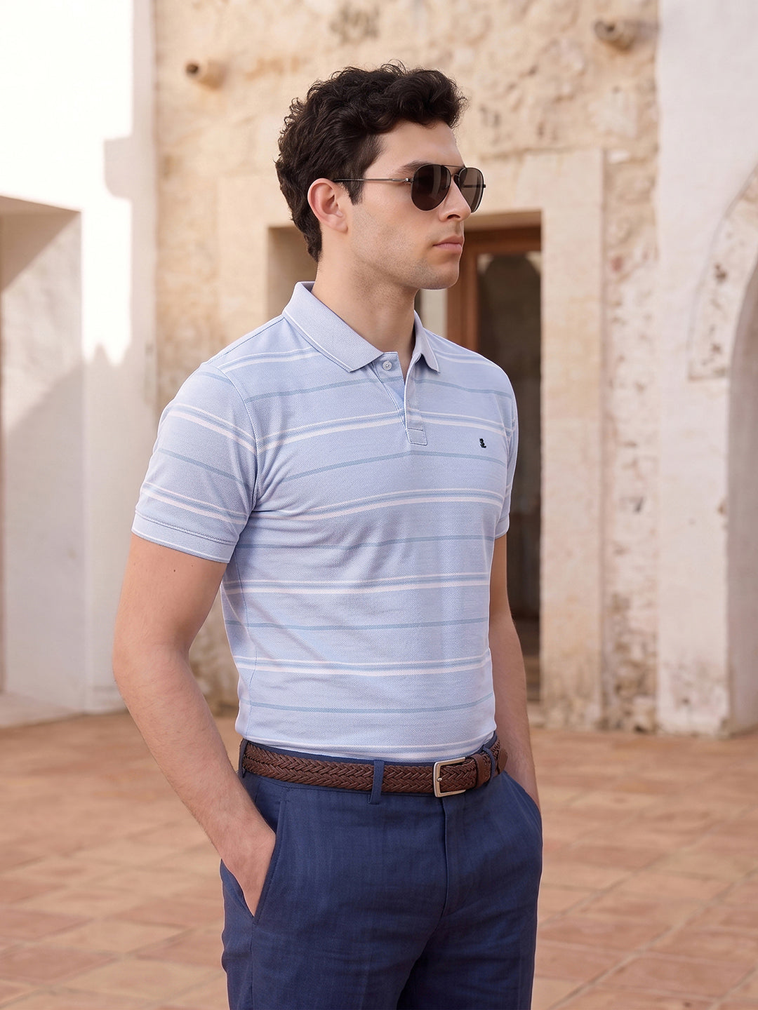 Classic Regular Fit Striped Blue Polo T-shirt