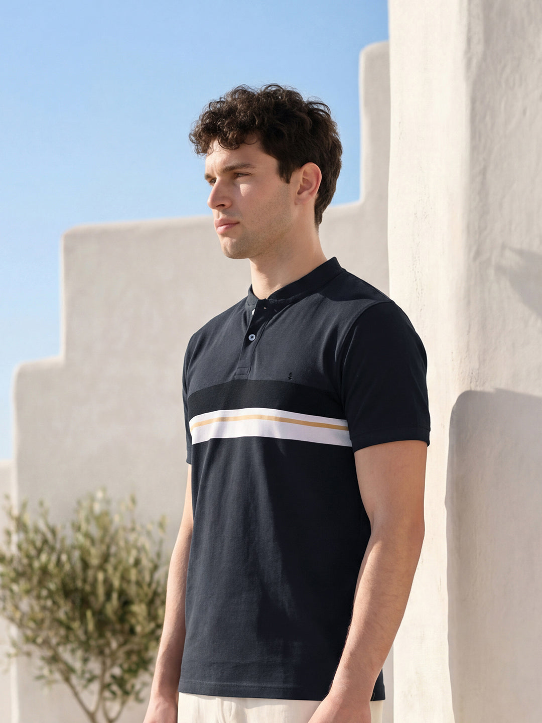 Classic Dark Grey Mock Collar Striped T-shirt