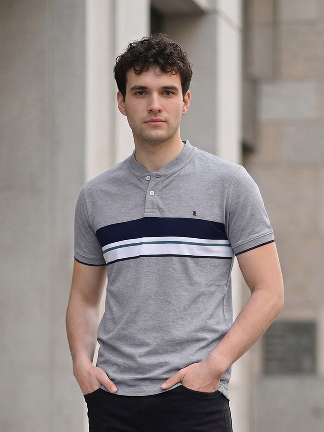 Classic Light Grey Mock Collar Striped T-shirt