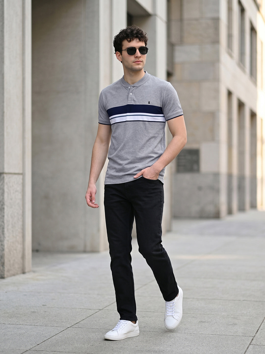 Classic Light Grey Mock Collar Striped T-shirt