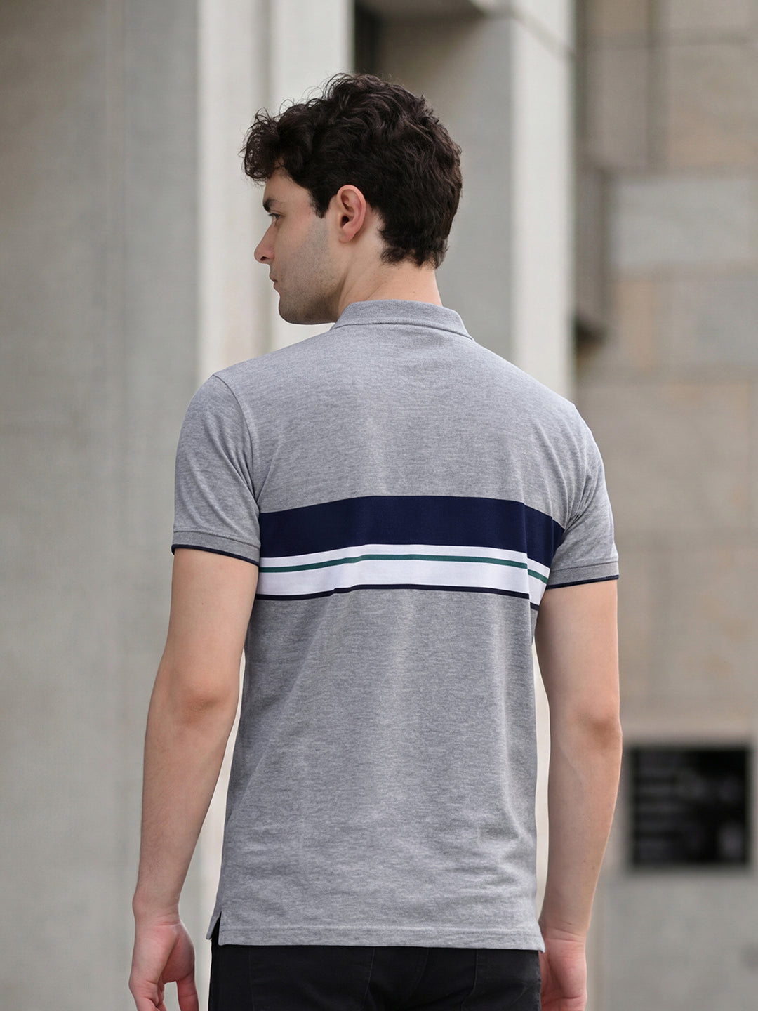 Classic Light Grey Mock Collar Striped T-shirt
