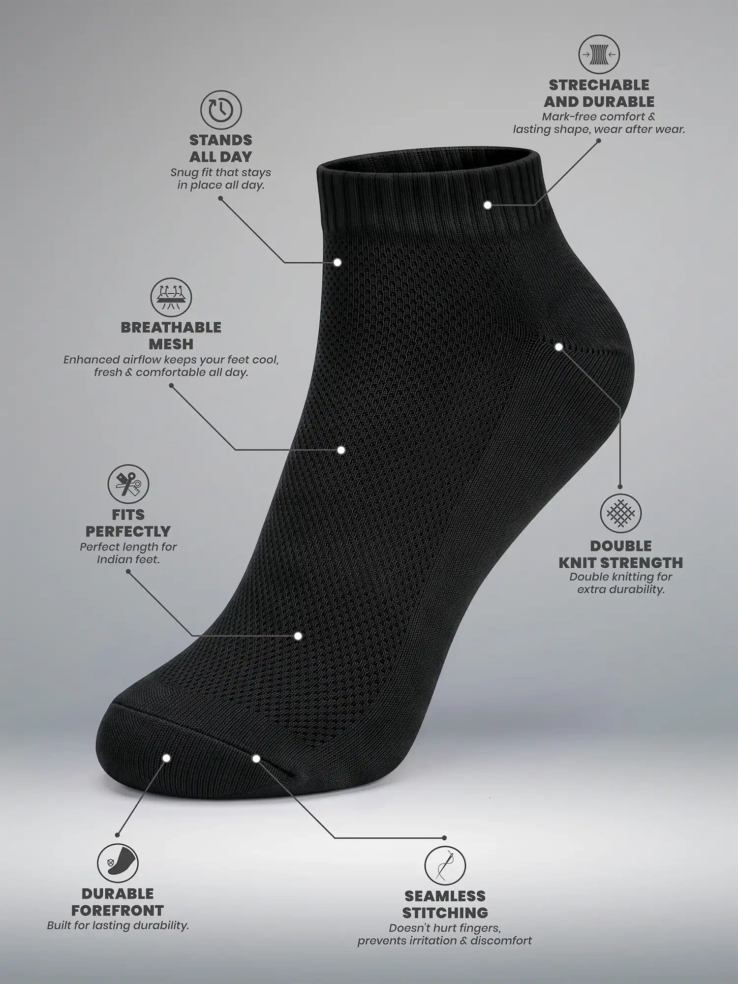 Men's Breathable & Durable Cotton Blend Comfort Ankle Socks Pack of 3