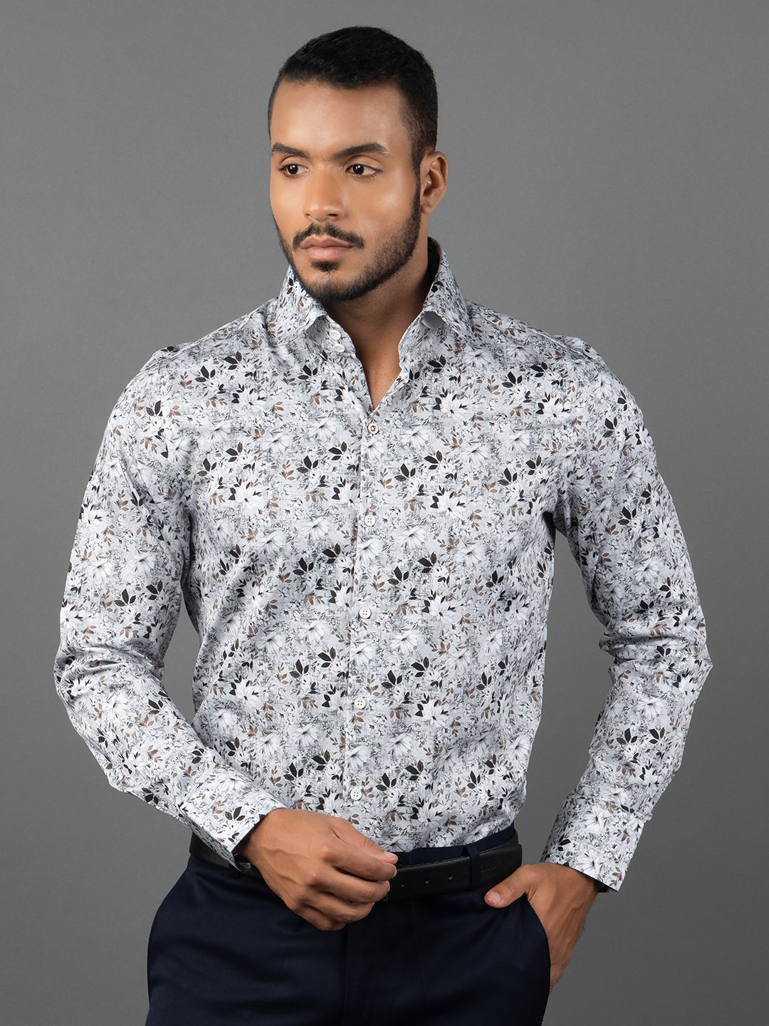 Men's Regular Fit Floral Brown Formal Shirt