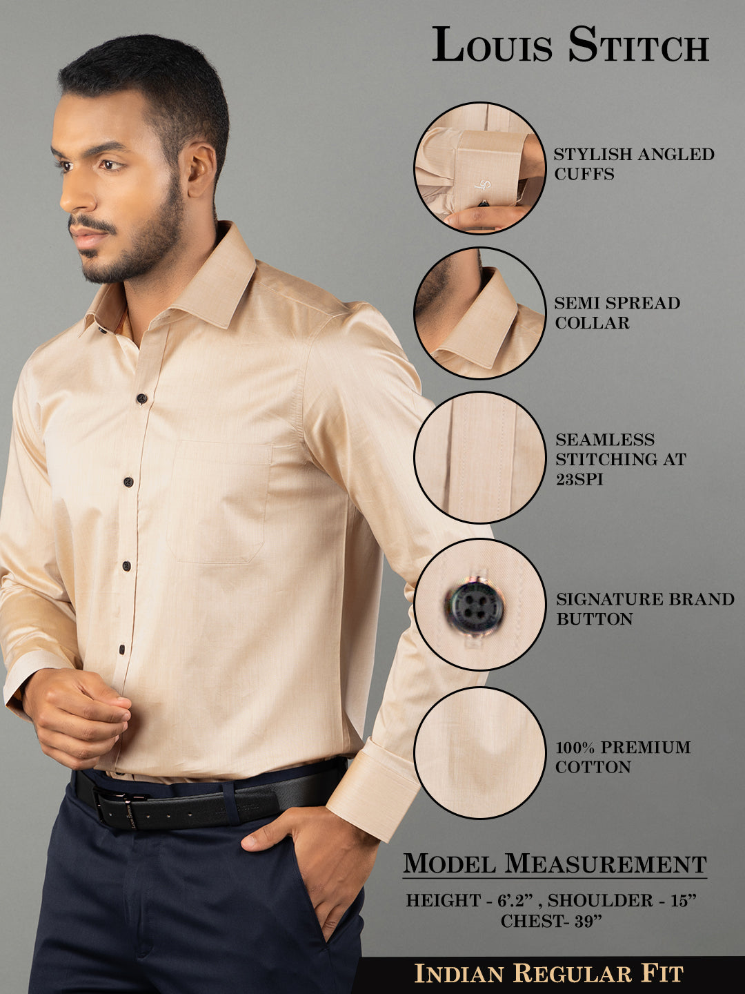 Men's Regular Fit Solid Beige Formal Shirt