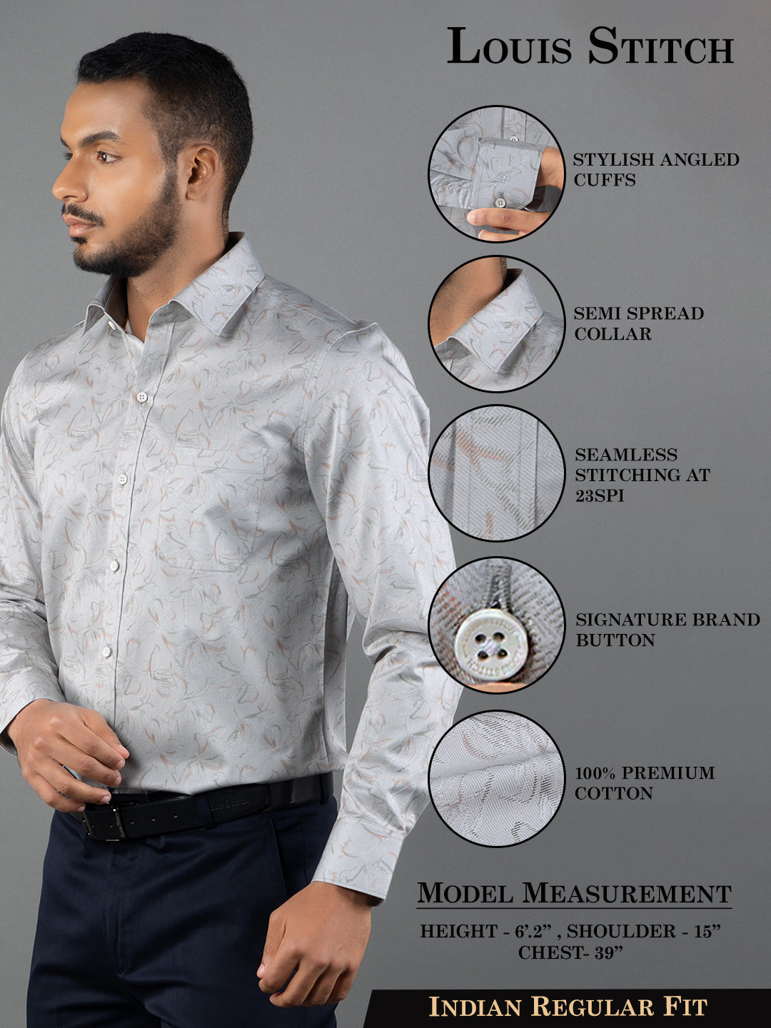 Men's Regular Fit Floral Grey Formal Shirt