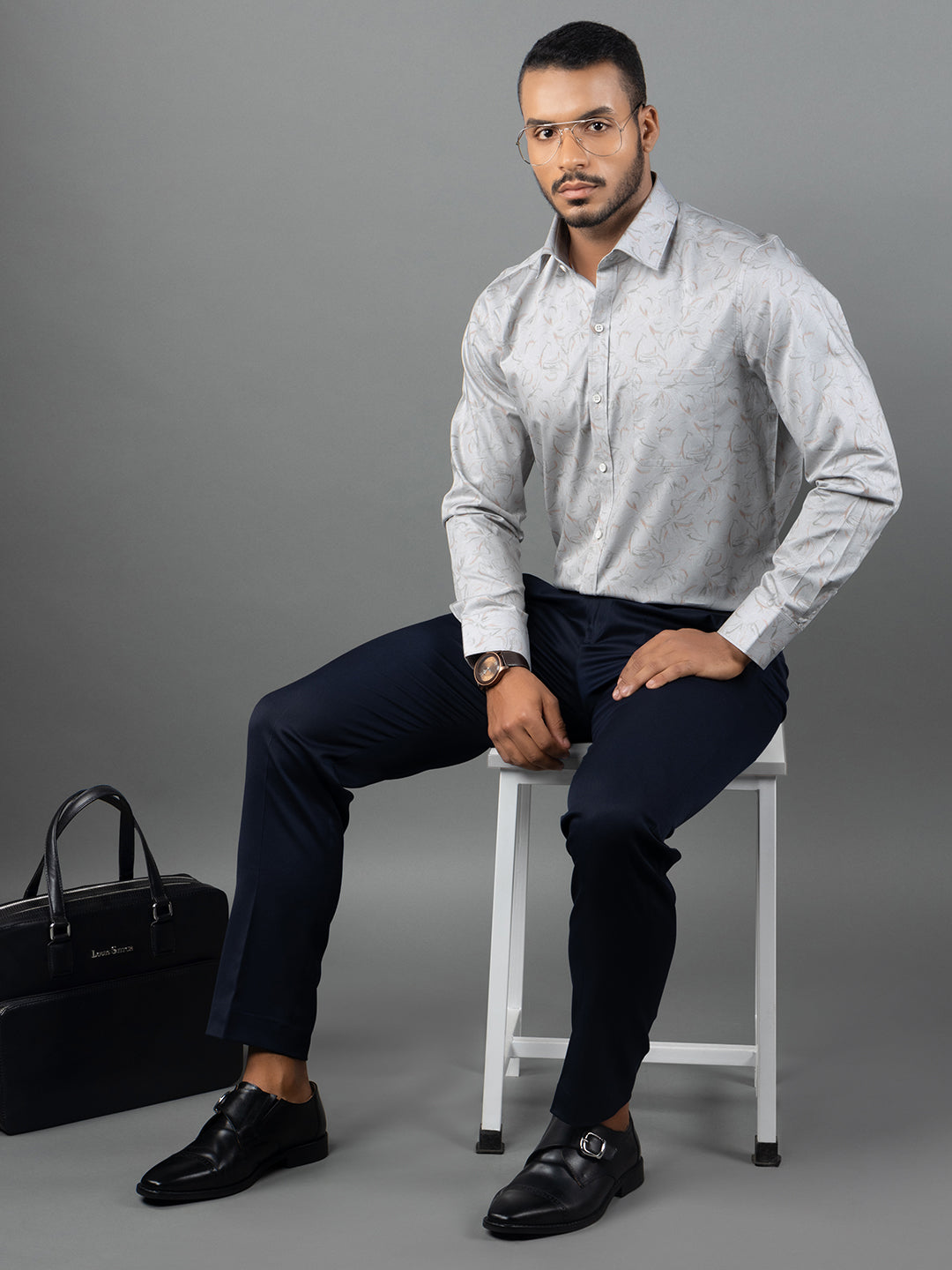 Men's Regular Fit Floral Grey Formal Shirt