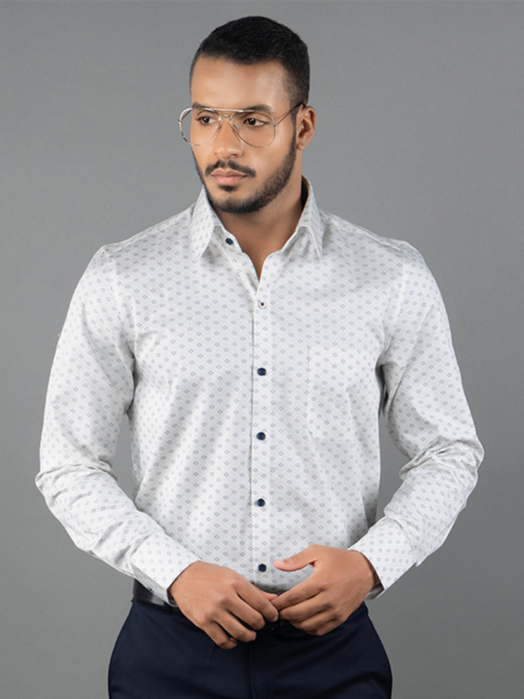 Men's Regular Fit Geometric White Formal Shirt