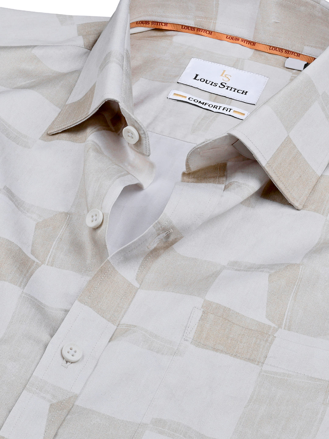 Men's Regular Fit Abstract Beige Formal Shirt