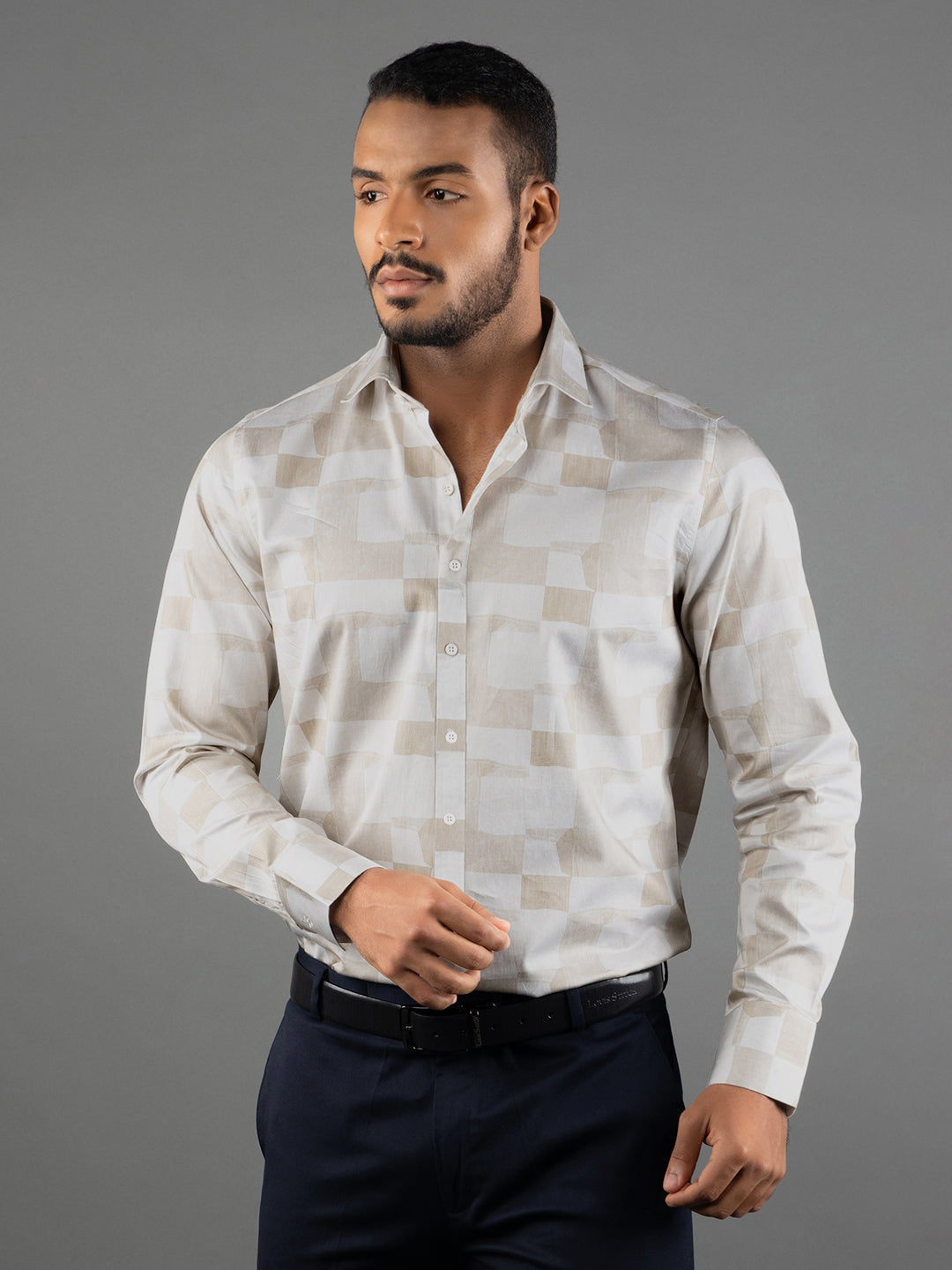 Men's Regular Fit Abstract Beige Formal Shirt
