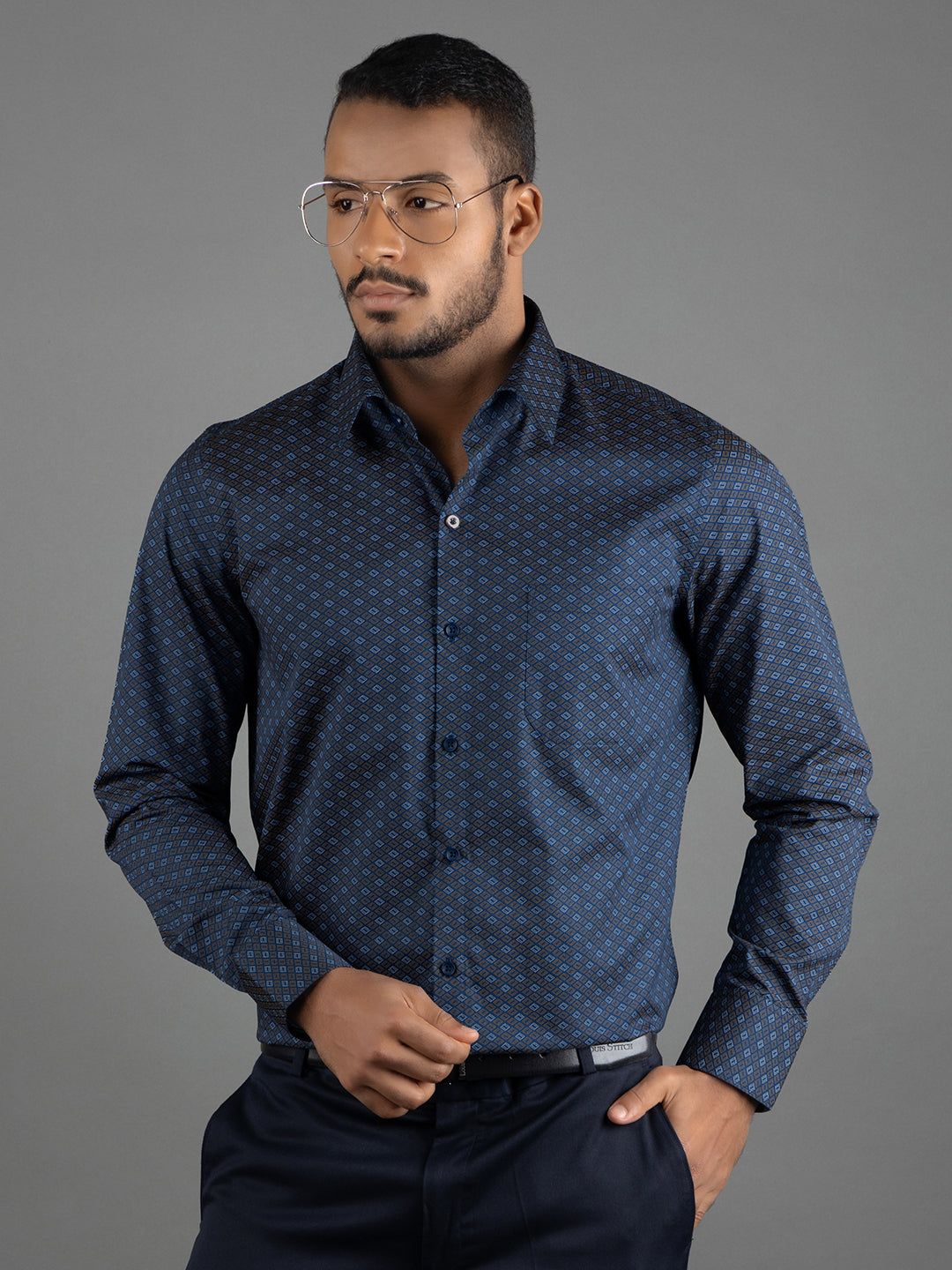 Men's Regular Fit Geometric Blue Formal Shirt