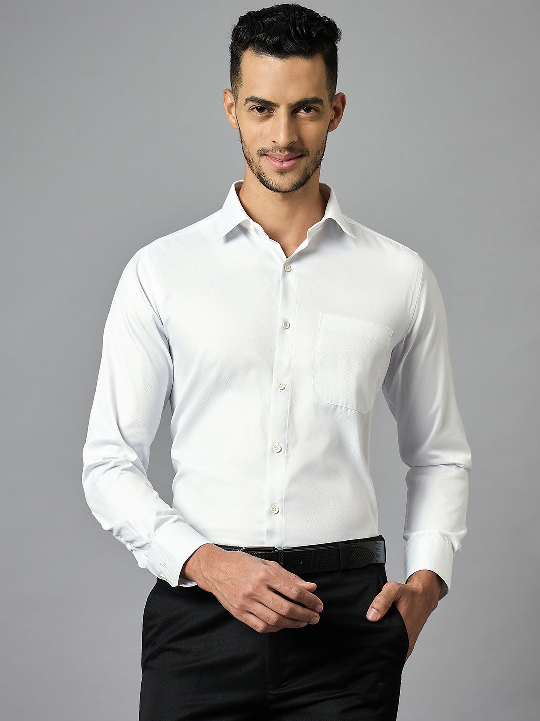 Men's Textured White Full Sleeves Regular Fit Formal Shirt