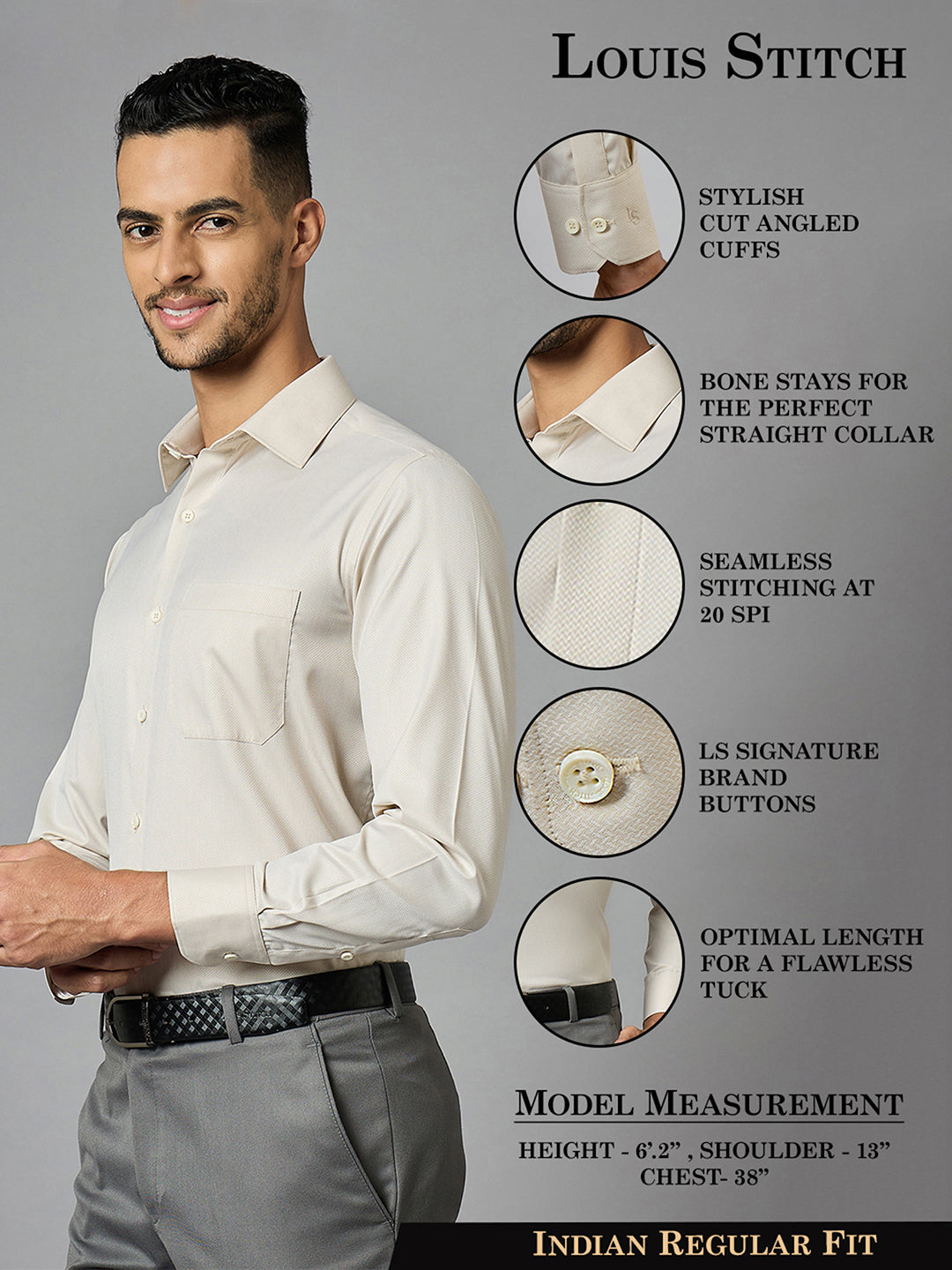 Men's Textured Beige Full Sleeves Regular Fit Formal Shirt