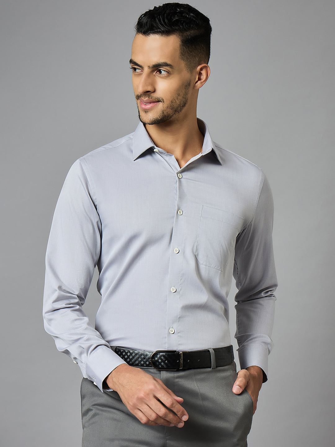 Men's Textured Grey Full Sleeves Regular Fit Formal Shirt