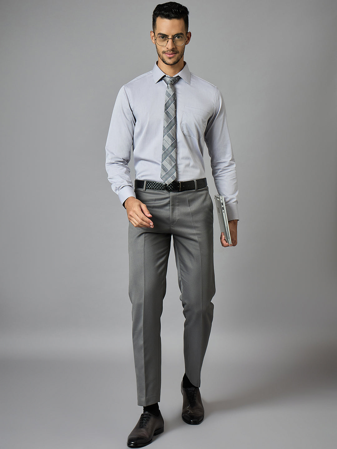 Men's Textured Grey Full Sleeves Regular Fit Formal Shirt