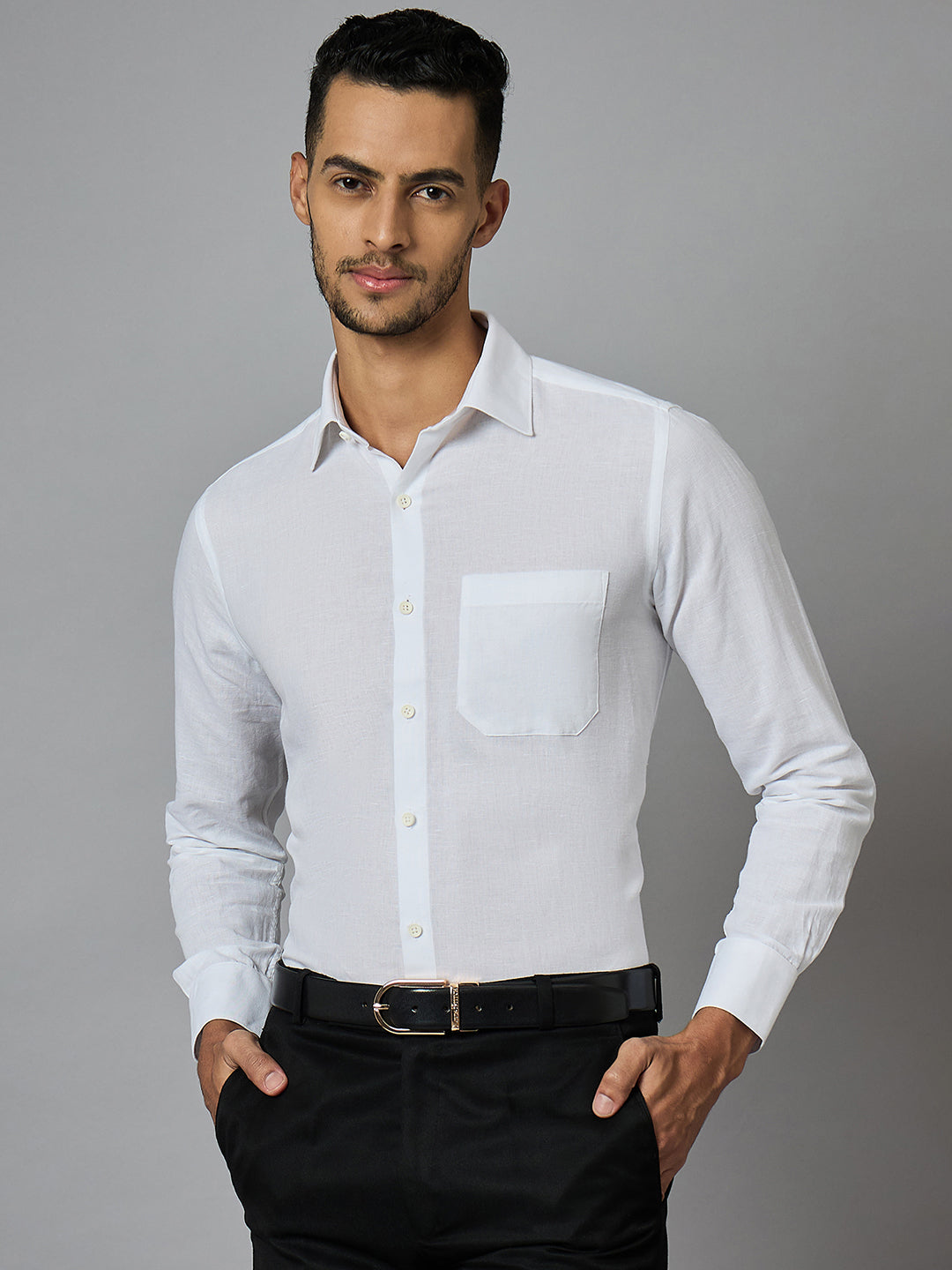 Men's White Cotton Linen Full Sleeves Regular Fit Formal Shirt