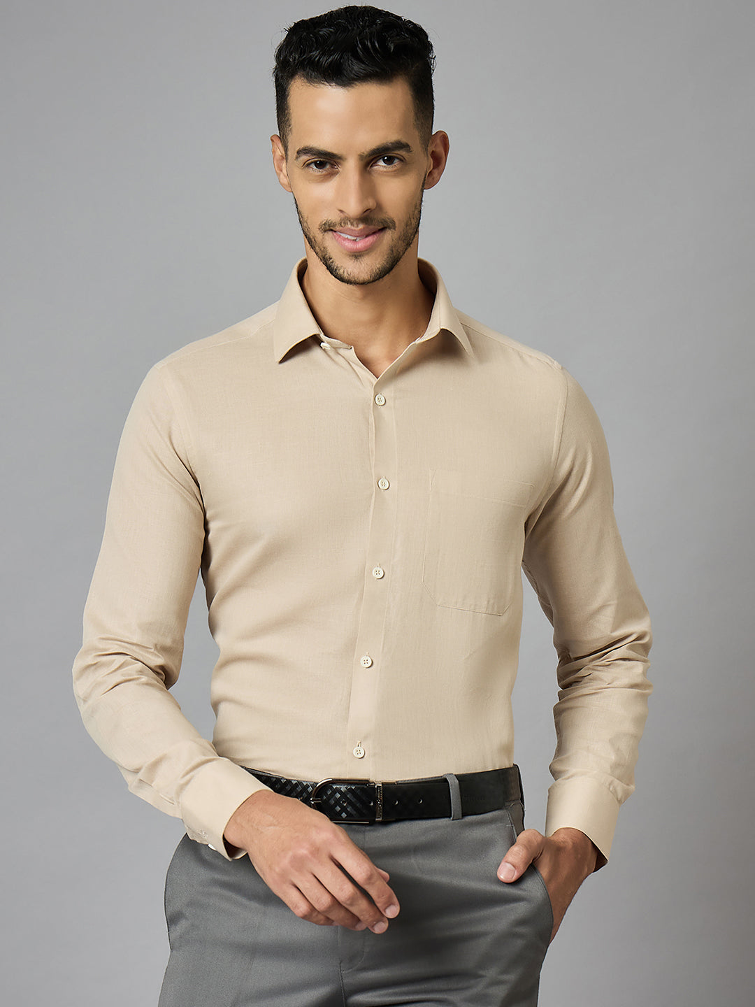 Men's Beige Cotton Linen Full Sleeves Regular Fit Formal Shirt