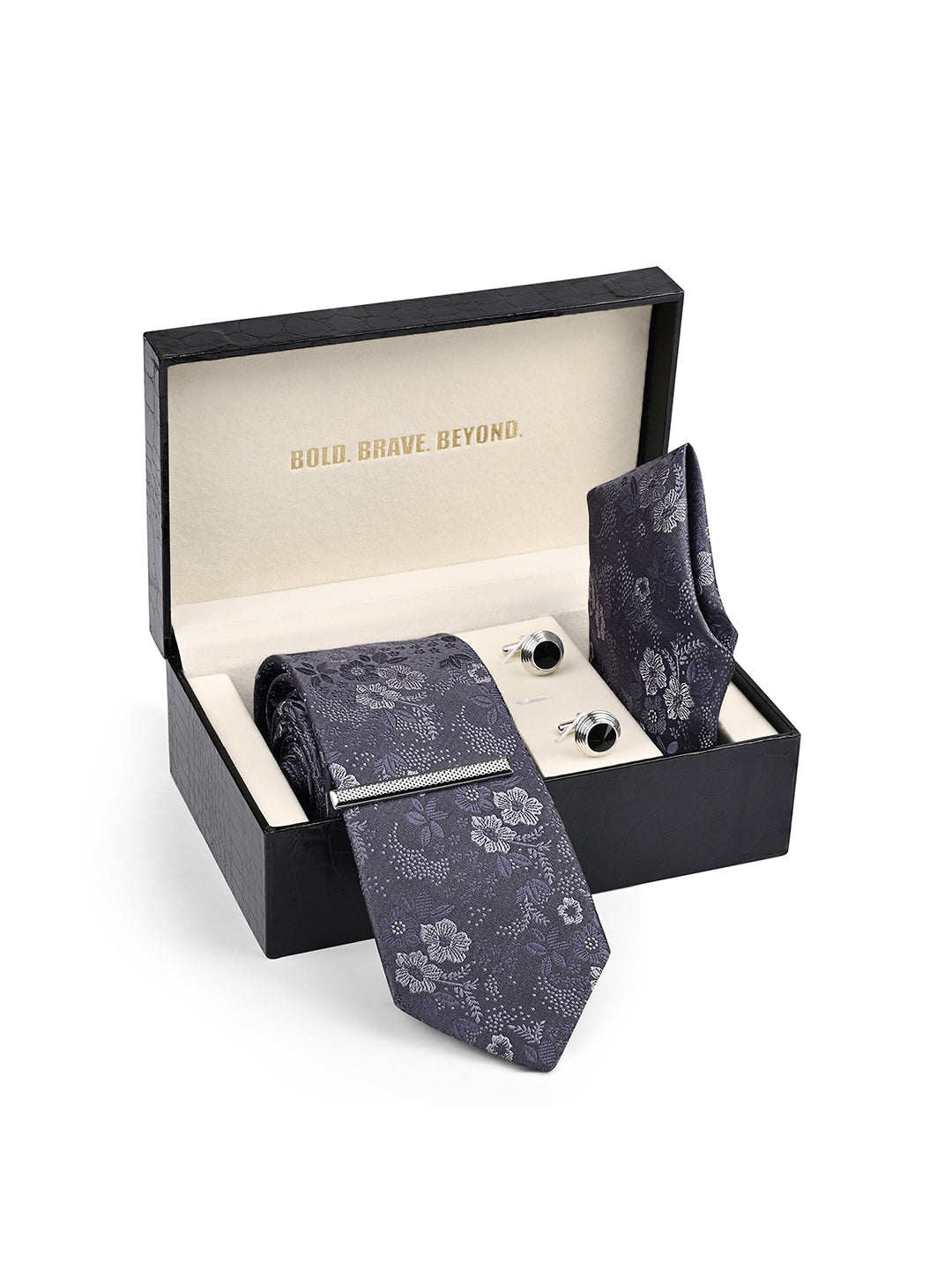 Floral Black Luxury Polyster Micro Fabric Necktie Set Pocket Square Chrome Tiepin Cufflinks and Brooch