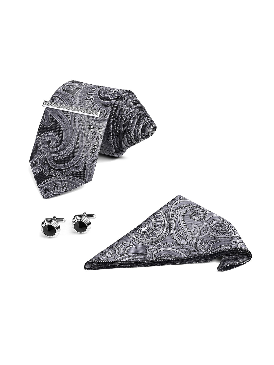 Paisley Black Luxury Polyster Micro Fabric Necktie Set Pocket Square Chrome Tiepin Cufflinks and Brooch