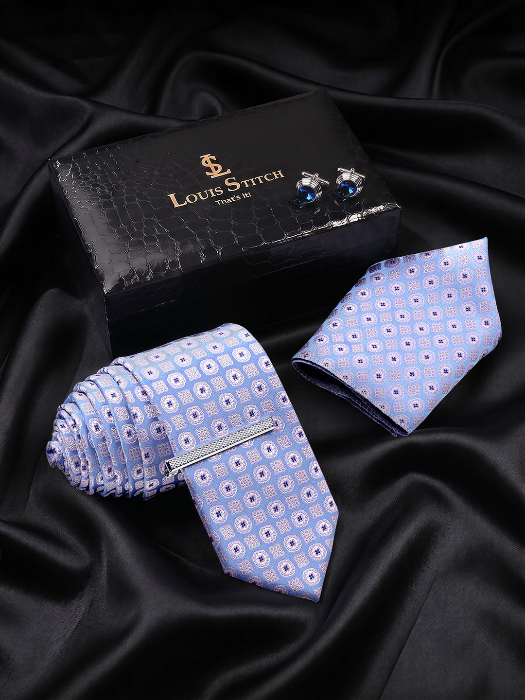Patterned Blue Luxury Polyster Micro Fabric Necktie Set Pocket Square Chrome Tiepin Cufflinks and Brooch