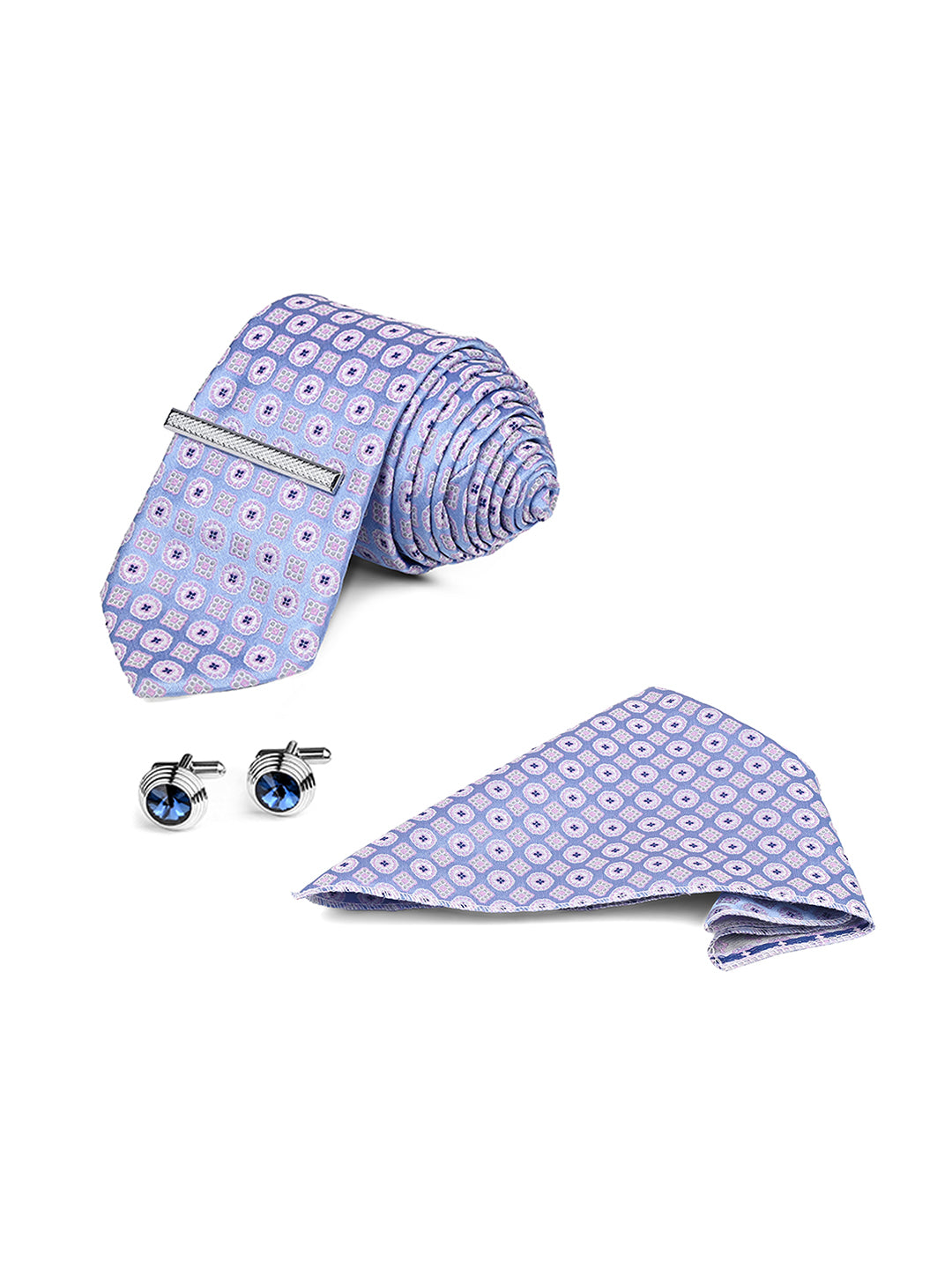 Patterned Blue Luxury Polyster Micro Fabric Necktie Set Pocket Square Chrome Tiepin Cufflinks and Brooch