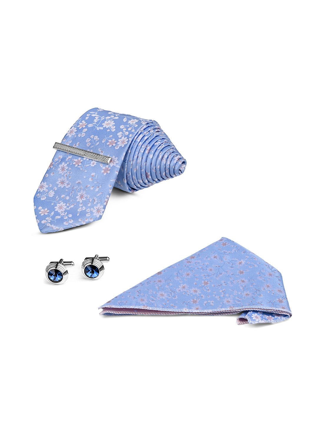 Floral Blue Luxury Polyster Micro Fabric Necktie Set Pocket Square Chrome Tiepin Cufflinks and Brooch