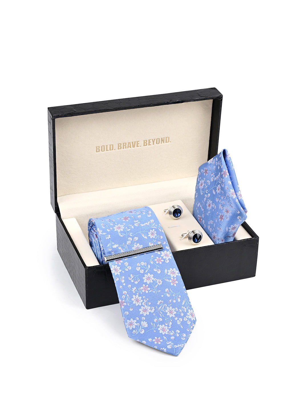 Floral Blue Luxury Polyster Micro Fabric Necktie Set Pocket Square Chrome Tiepin Cufflinks and Brooch