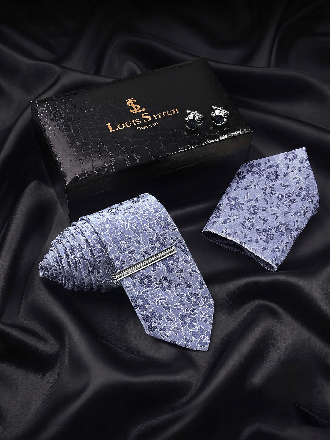 Textured Blue Luxury Polyster Micro Fabric Necktie Set Pocket Square Chrome Tiepin Cufflinks and Brooch