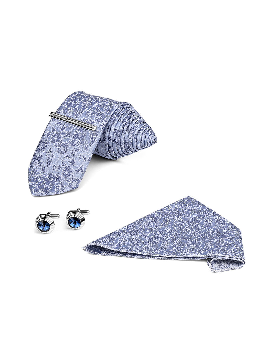 Textured Blue Luxury Polyster Micro Fabric Necktie Set Pocket Square Chrome Tiepin Cufflinks and Brooch