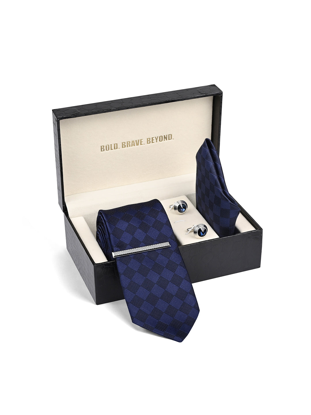 Checkered Blue Luxury Polyster Micro Fabric Necktie Set Pocket Square Chrome Tiepin Cufflinks and Brooch