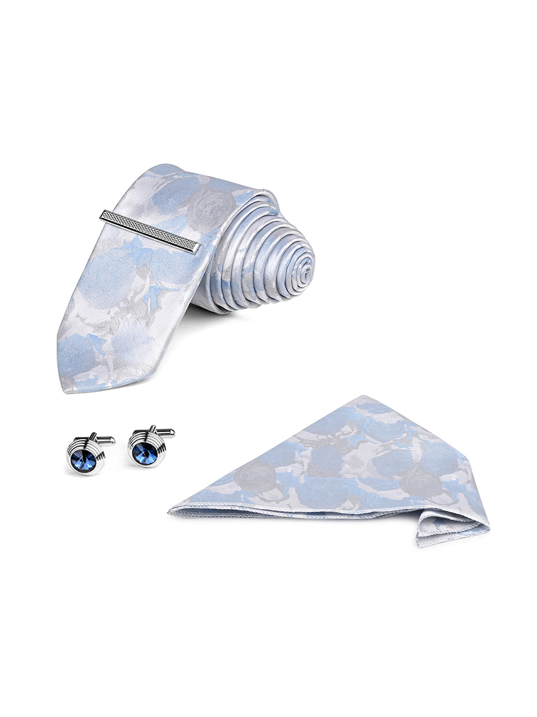 Light Blue Luxury Polyster Micro Fabric Necktie Set Pocket Square Chrome Tiepin Cufflinks and Brooch