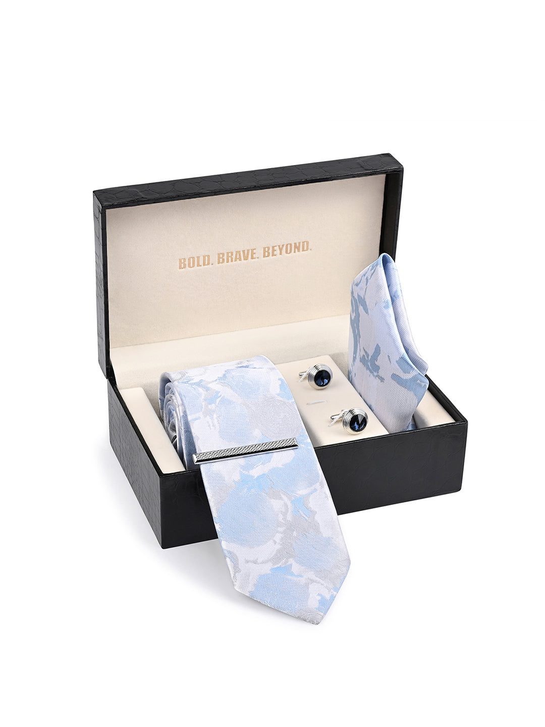 Light Blue Luxury Polyster Micro Fabric Necktie Set Pocket Square Chrome Tiepin Cufflinks and Brooch