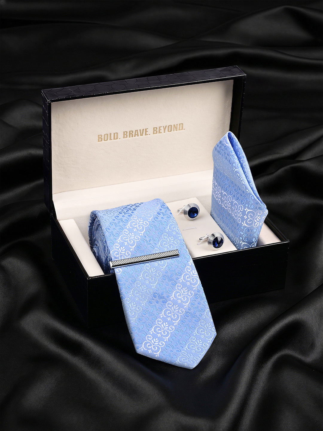 Striped Blue Luxury Polyster Micro Fabric Necktie Set Pocket Square Chrome Tiepin Cufflinks and Brooch