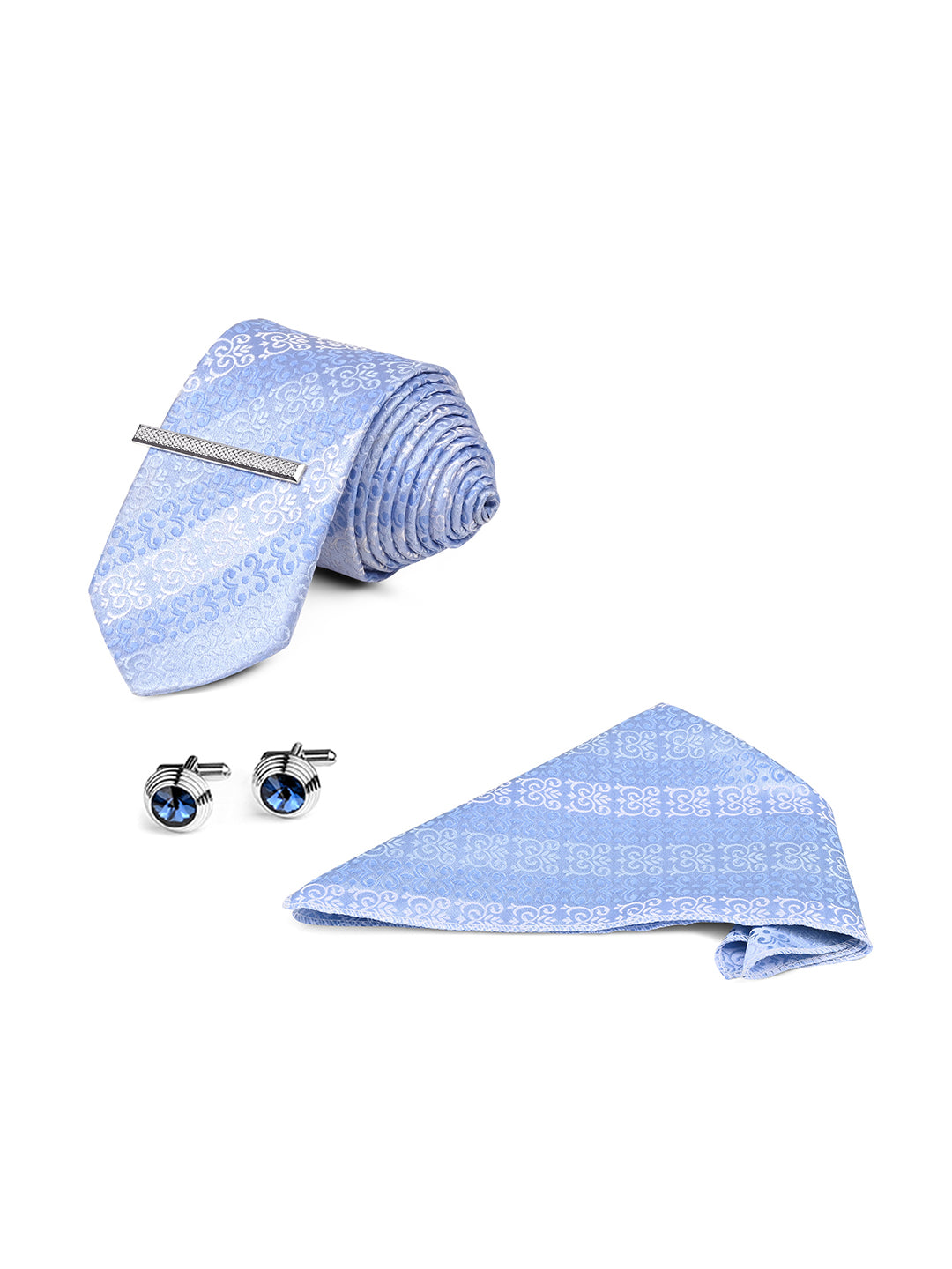 Striped Blue Luxury Polyster Micro Fabric Necktie Set Pocket Square Chrome Tiepin Cufflinks and Brooch