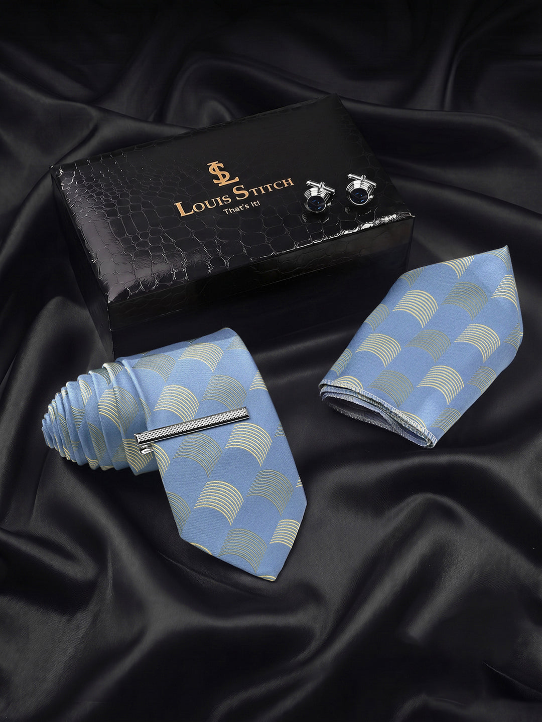 Aqua Blue Luxury Polyster Micro Fabric Necktie Set Pocket Square Chrome Tiepin Cufflinks and Brooch