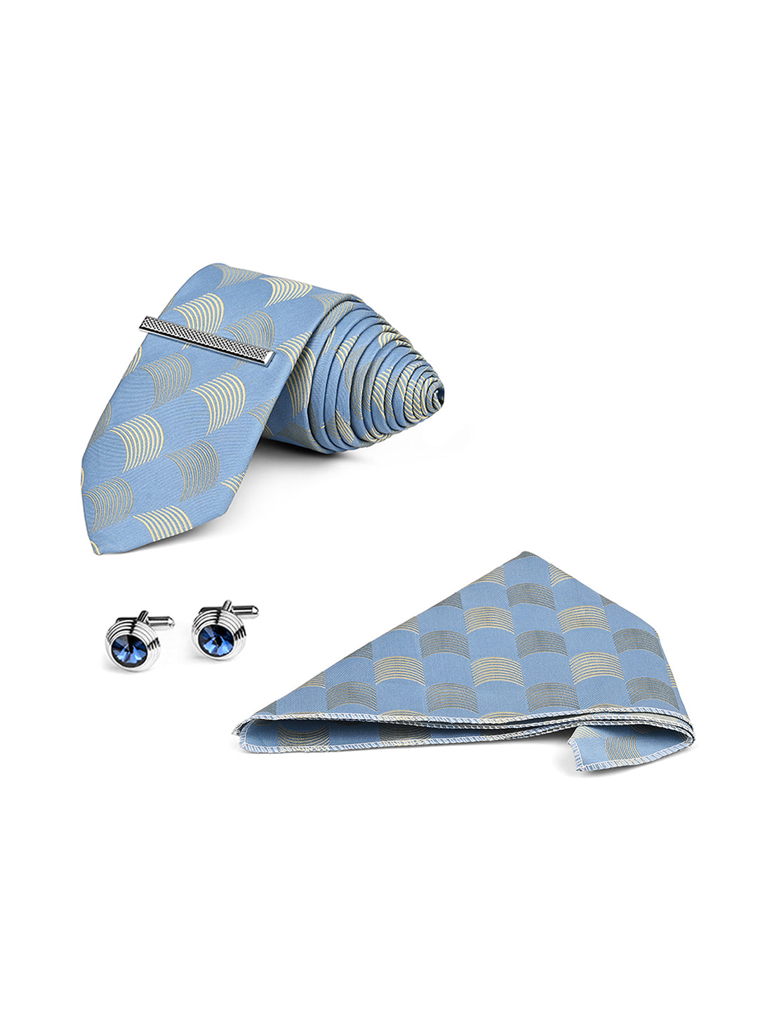 Aqua Blue Luxury Polyster Micro Fabric Necktie Set Pocket Square Chrome Tiepin Cufflinks and Brooch