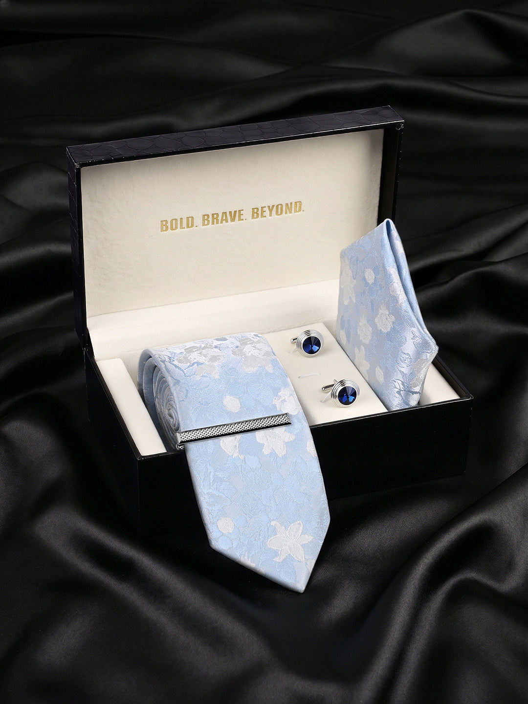 Floral Blue & White Luxury Polyster Micro Fabric Necktie Set Pocket Square Chrome Tiepin Cufflinks and Brooch