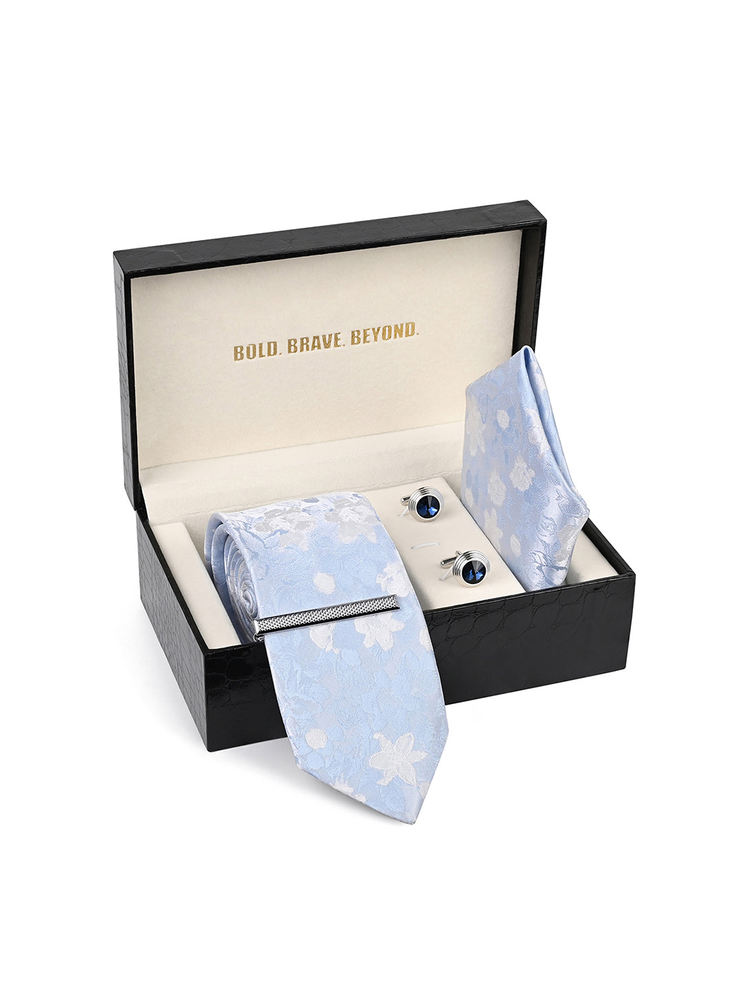 Floral Blue & White Luxury Polyster Micro Fabric Necktie Set Pocket Square Chrome Tiepin Cufflinks and Brooch
