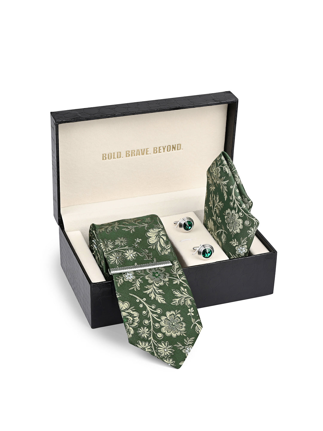 Floral Green Luxury Polyster Micro Fabric Necktie Set Pocket Square Chrome Tiepin Cufflinks and Brooch
