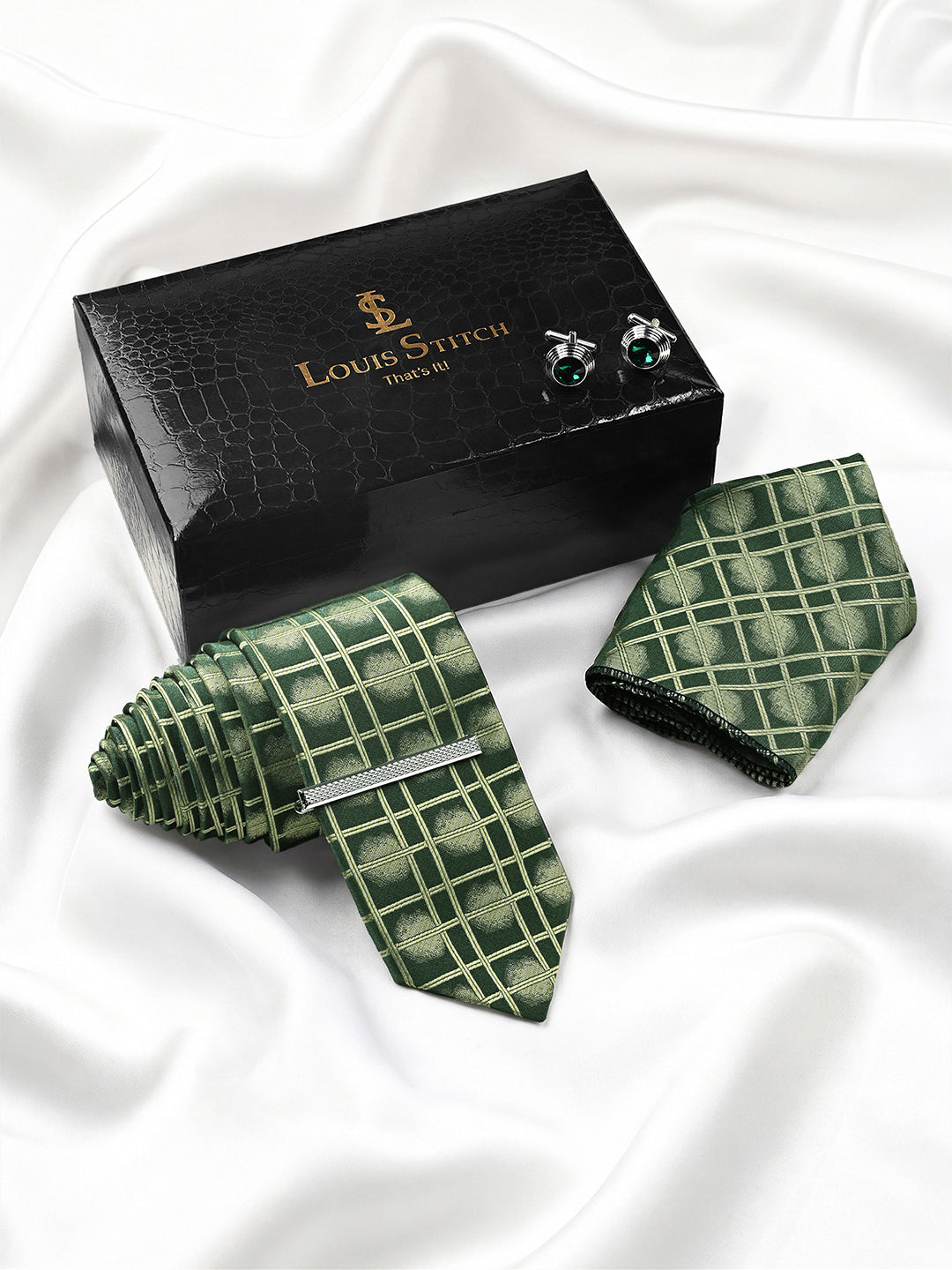 Sage Green Luxury Polyster Micro Fabric Necktie Set Pocket Square Chrome Tiepin Cufflinks and Brooch