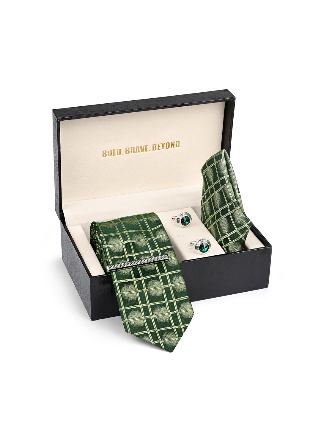 Sage Green Luxury Polyster Micro Fabric Necktie Set Pocket Square Chrome Tiepin Cufflinks and Brooch