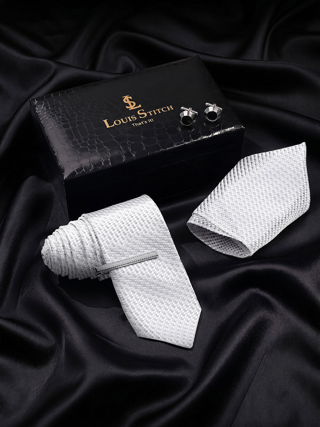 Textured White Luxury Polyster Micro Fabric Necktie Set Pocket Square Chrome Tiepin Cufflinks and Brooch