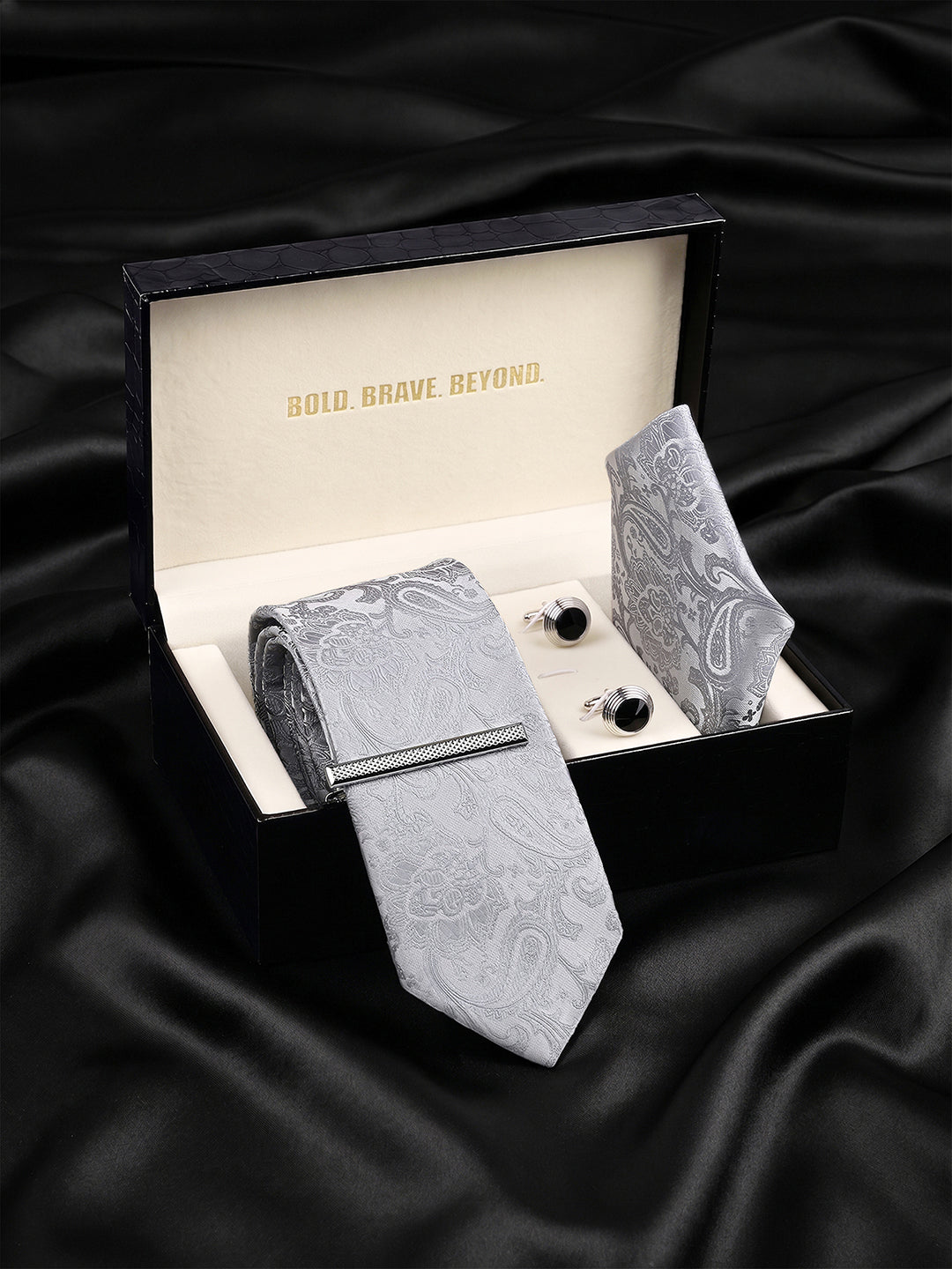 Paisley Grey Luxury Polyster Micro Fabric Necktie Set Pocket Square Chrome Tiepin Cufflinks and Brooch