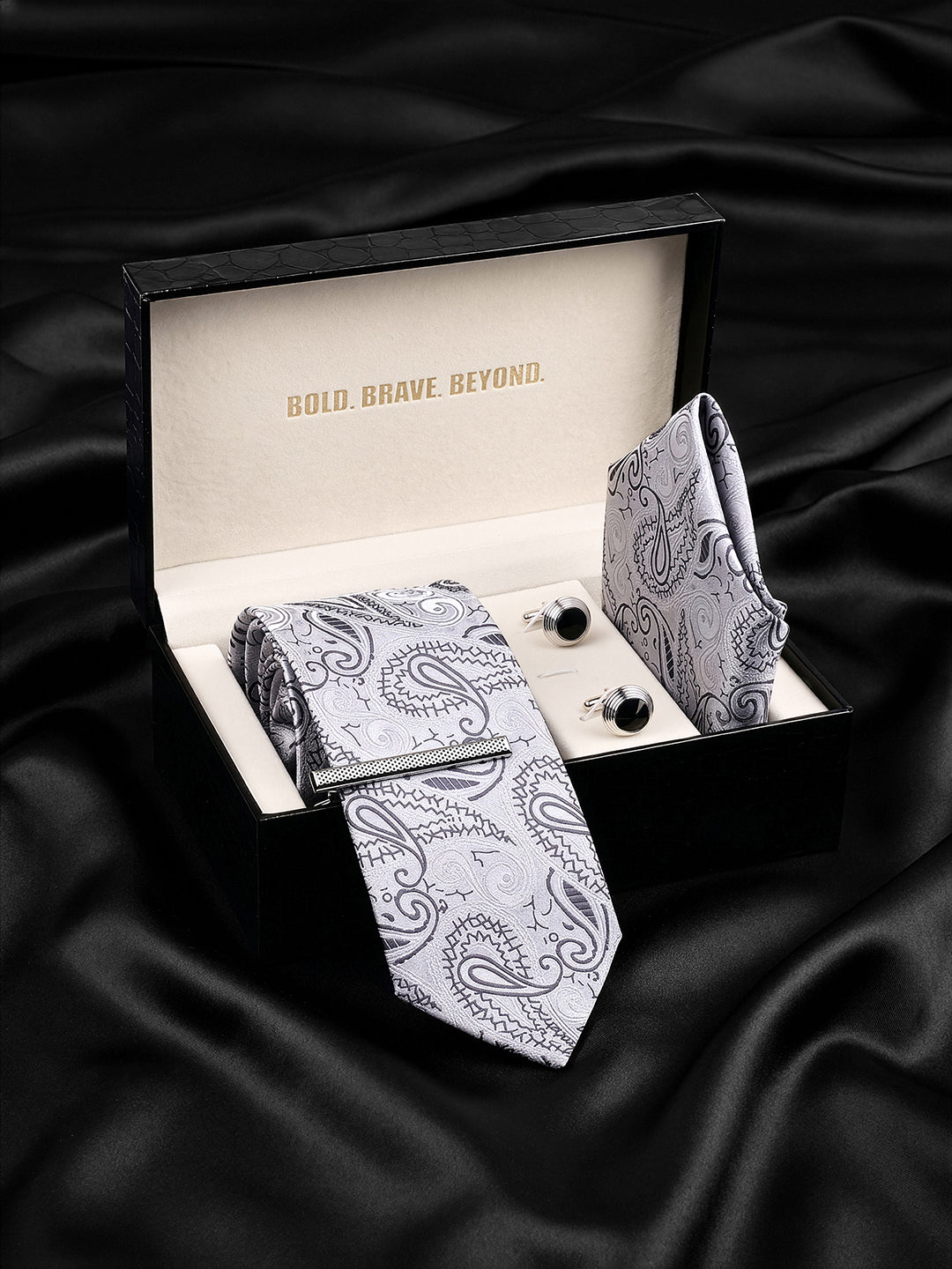 Charcoal Grey Luxury Polyster Micro Fabric Necktie Set Pocket Square Chrome Tiepin Cufflinks and Brooch