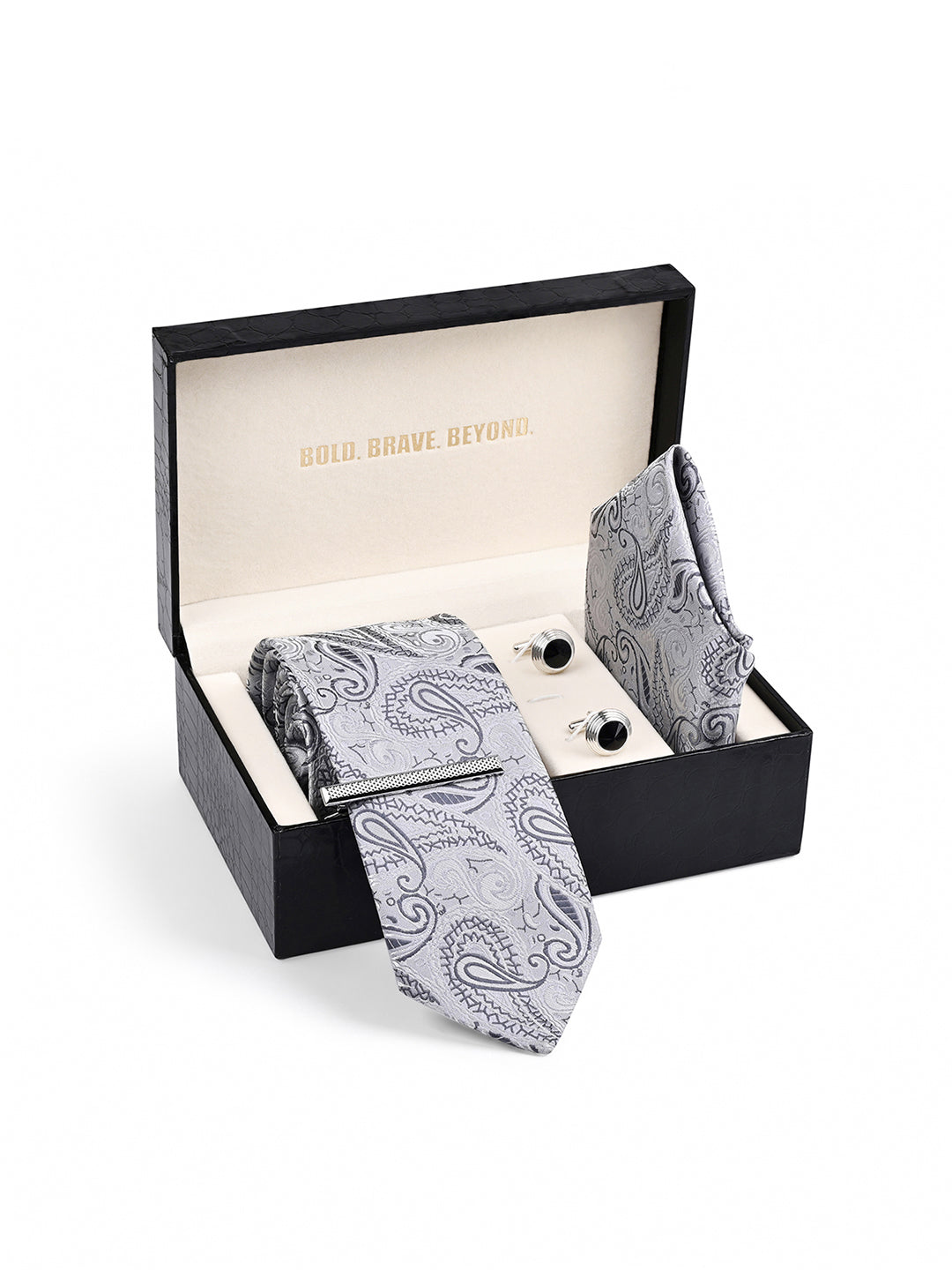 Charcoal Grey Luxury Polyster Micro Fabric Necktie Set Pocket Square Chrome Tiepin Cufflinks and Brooch