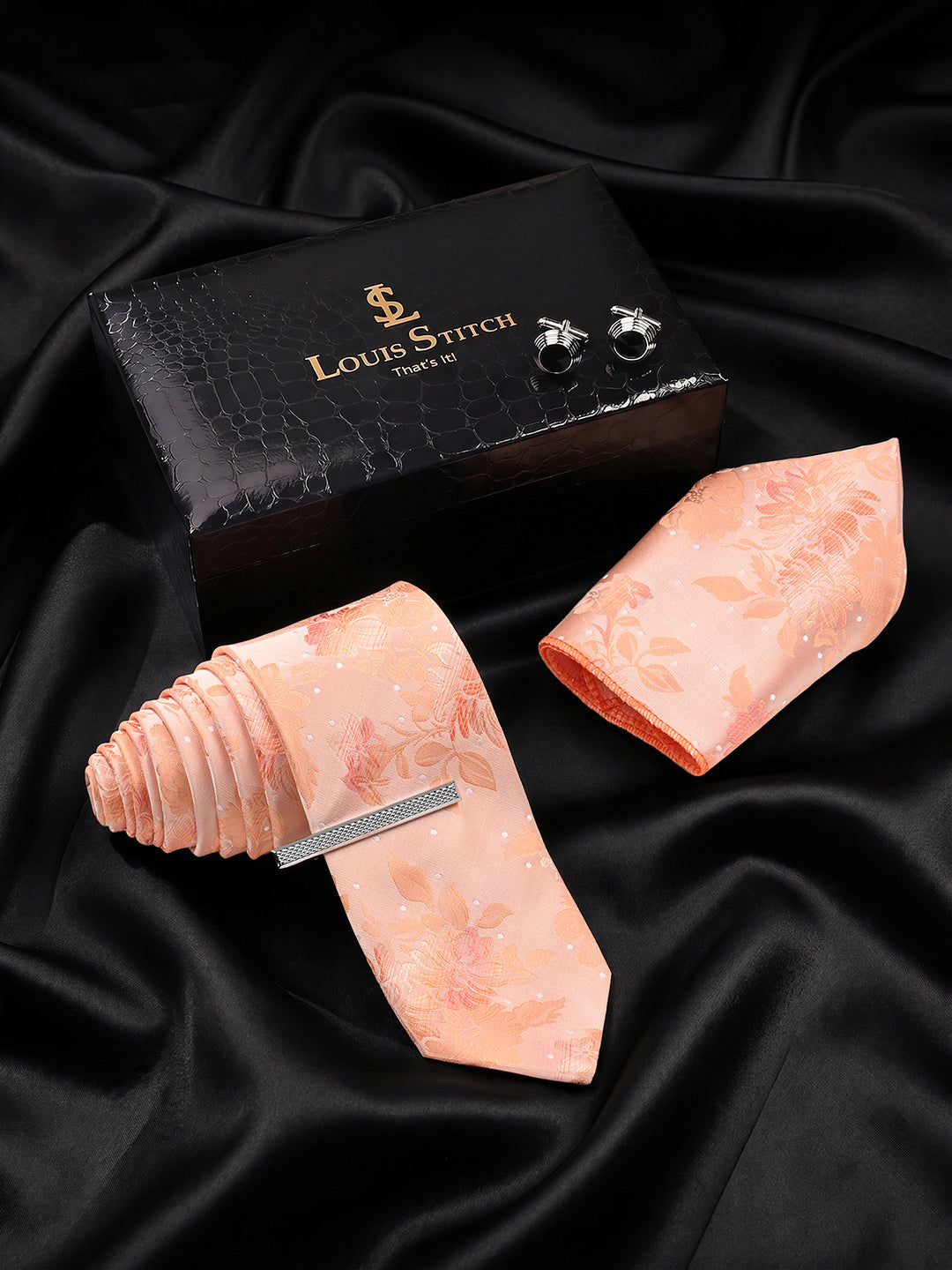 Floral Orange Luxury Polyster Micro Fabric Necktie Set Pocket Square Chrome Tiepin Cufflinks and Brooch