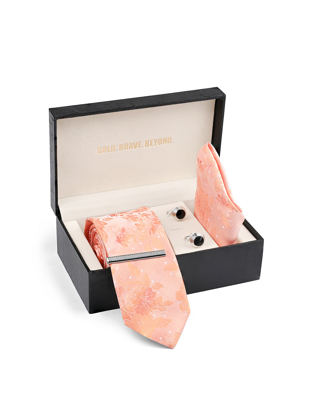Floral Orange Luxury Polyster Micro Fabric Necktie Set Pocket Square Chrome Tiepin Cufflinks and Brooch