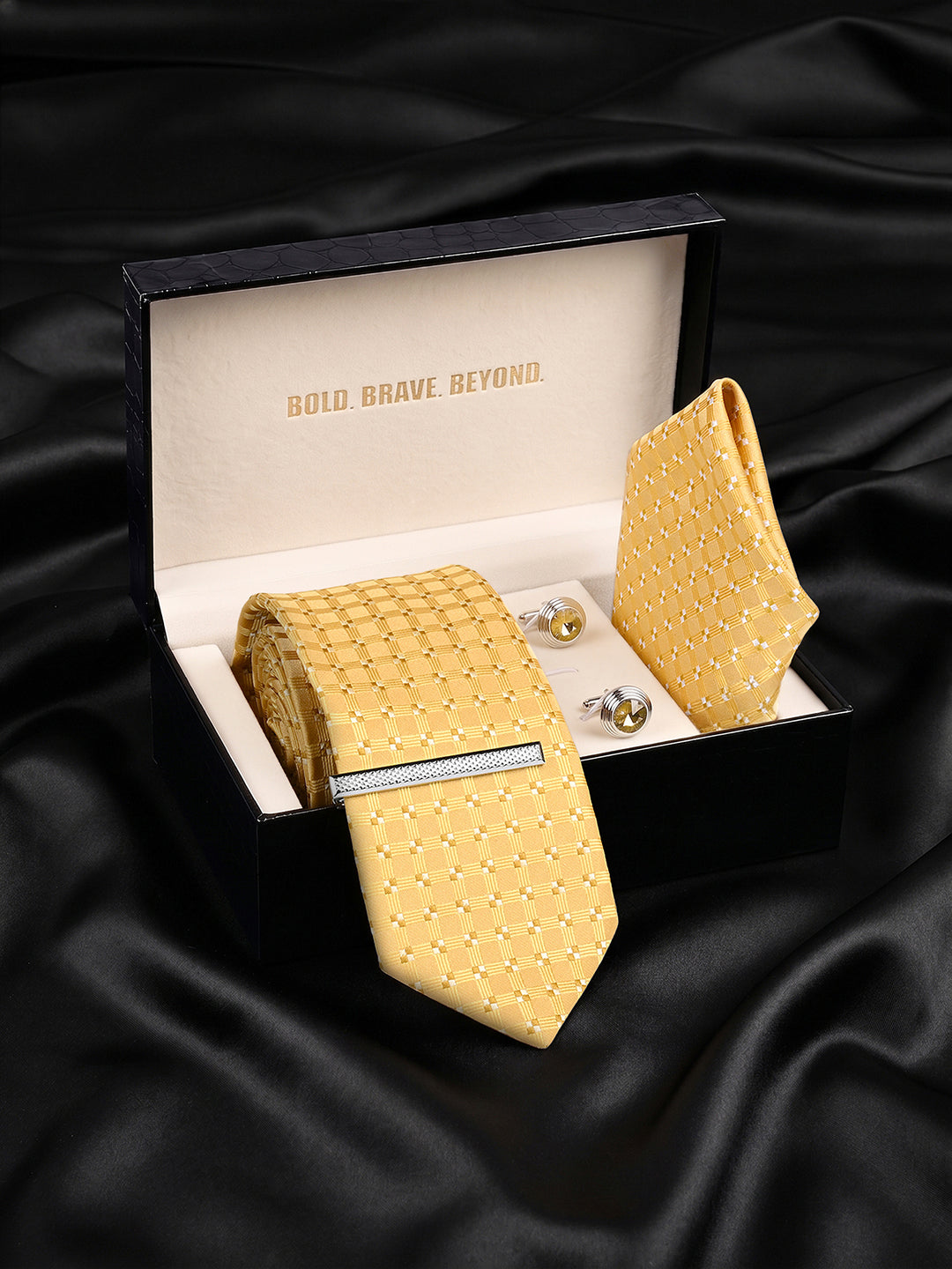 Mustard Yellow Luxury Polyster Micro Fabric Necktie Set Pocket Square Chrome Tiepin Cufflinks and Brooch