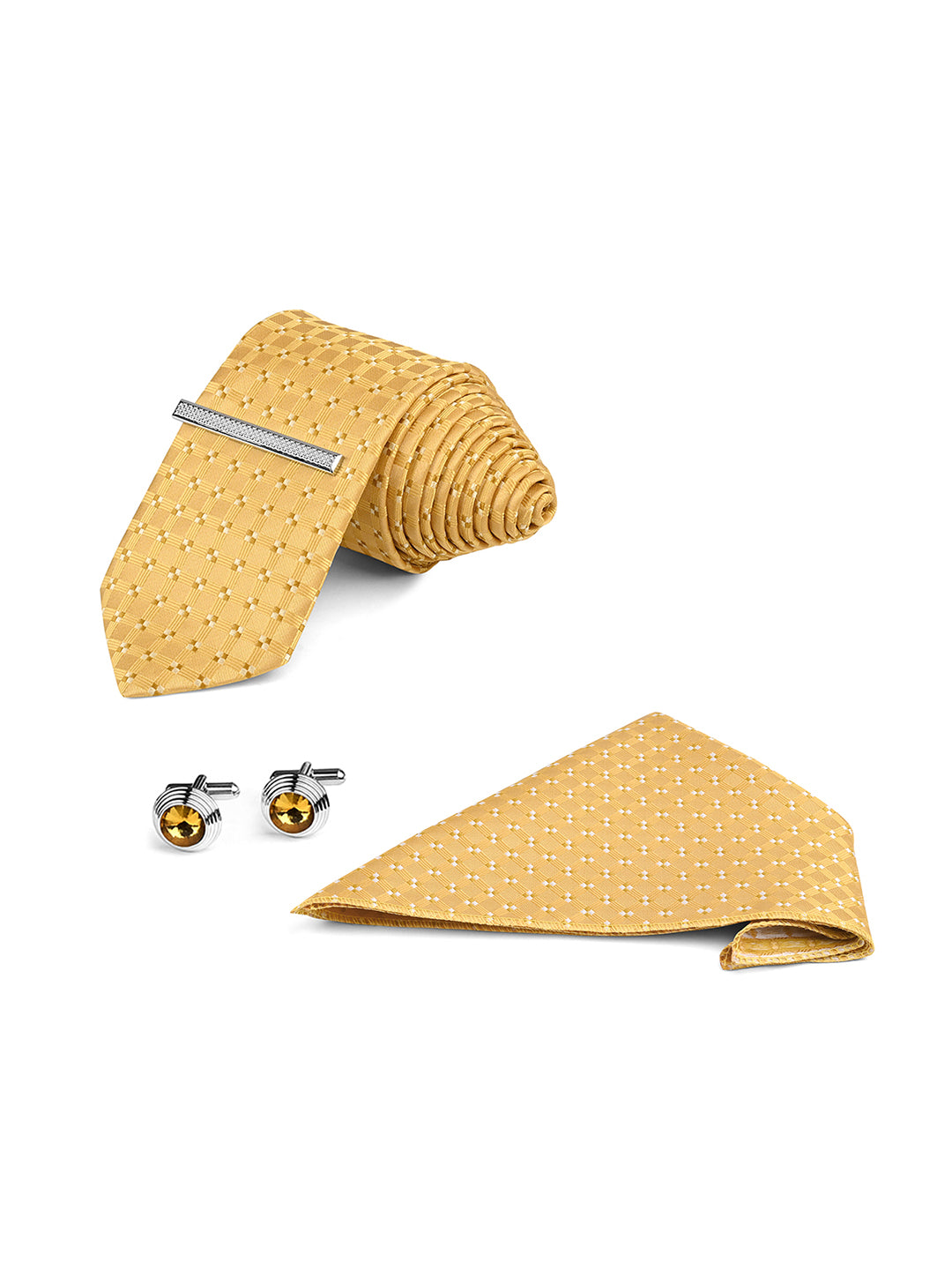 Mustard Yellow Luxury Polyster Micro Fabric Necktie Set Pocket Square Chrome Tiepin Cufflinks and Brooch