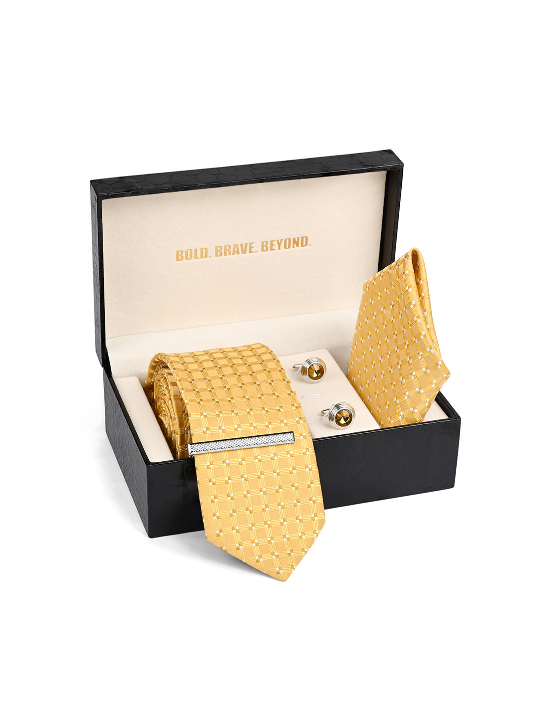 Mustard Yellow Luxury Polyster Micro Fabric Necktie Set Pocket Square Chrome Tiepin Cufflinks and Brooch