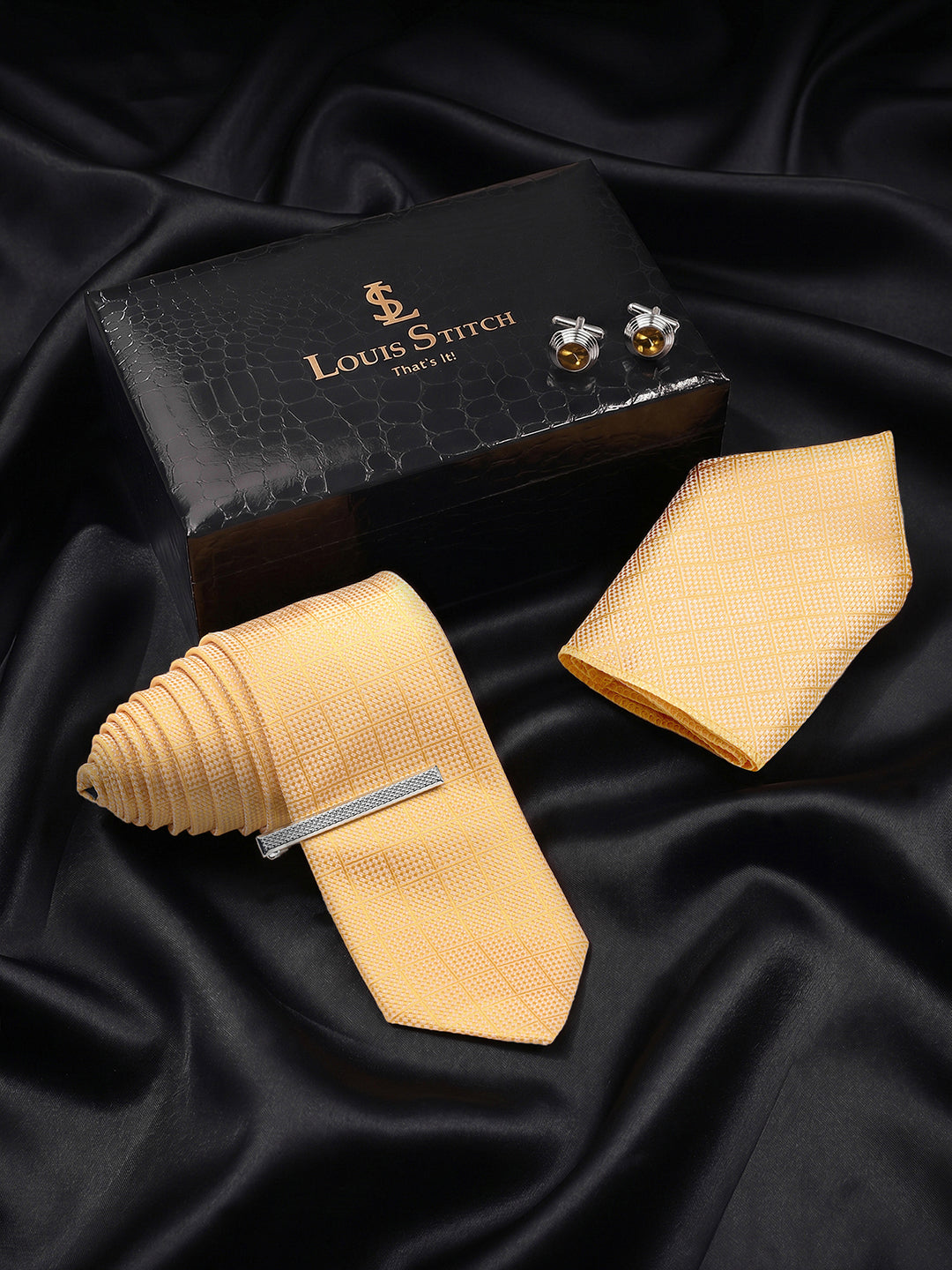Geometric Yellow Luxury Polyster Micro Fabric Necktie Set Pocket Square Chrome Tiepin Cufflinks and Brooch